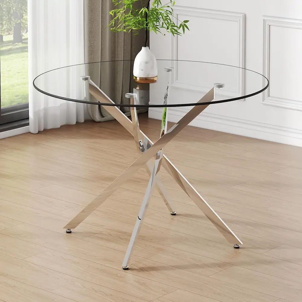 

Round Glass Dining Room Table or 2 to 4, ern Tempered Glass Top Table, Sturdy Chrome Legs, Adjustable oot Pads, Kitchen Table or