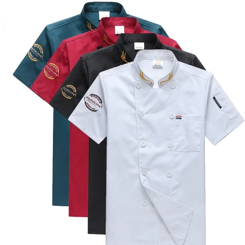 Chaqueta de Chef para hombre y mujer, camisas de cocinero de manga corta, abrigo bordado, uniforme de camarero de panadería para restaurante y Hotel