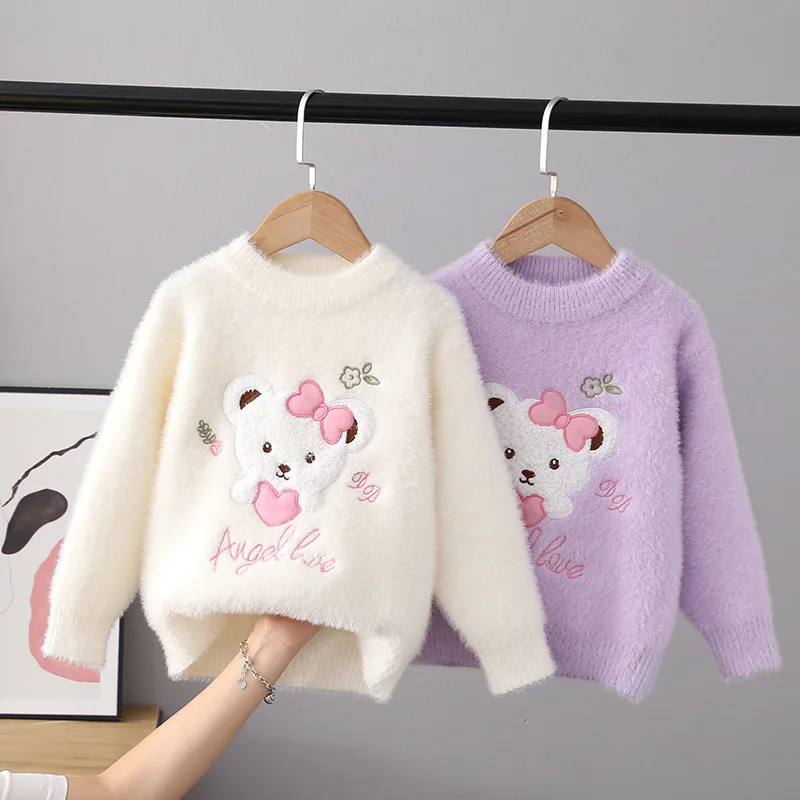 Autumn Winter Girls Sweater Keep Warm Little Girl Cotton Clothing Cartoon Bear Flocking Pullover Knitting Sweaters Kids GY07261