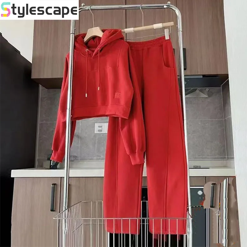 

Red Casual Sports Suit Women's Winter Fashionable and Stylish Hooded Sweatshirt and Pants Two-piece Set Hoodies for Women