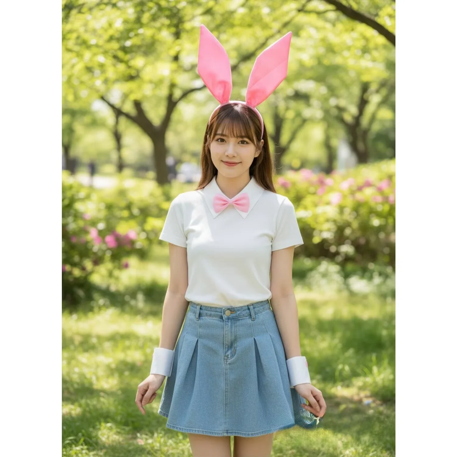 อุปกรณ์เสริมชุดสตรี PESENAR: ชุดกระต่ายสาวสีชมพู, ที่คาดผมสองชิ้น, ปลอกแขน, ชุดผูกโบว์