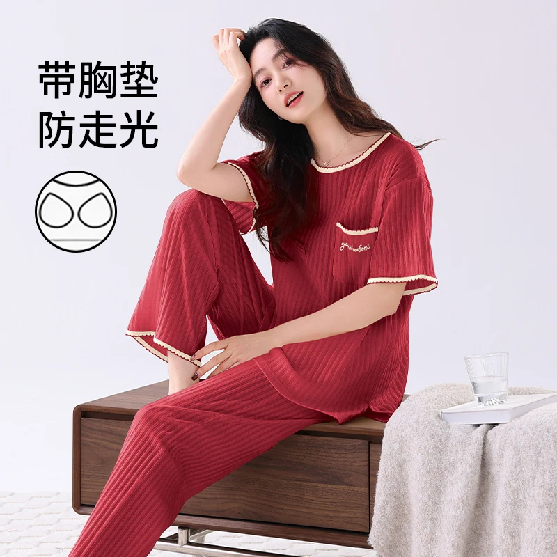 

Женский пижамный комплект большого размера M-3XL с нагрудником, летний комплект из 100% хлопка с короткими рукавами для отдыха