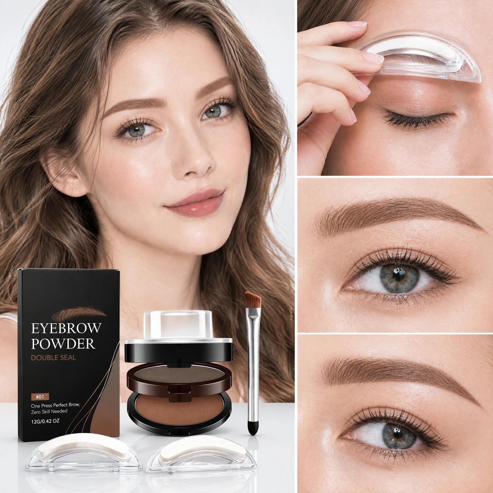Dual Colors Stereo Look Eyebrow Powder Stamp,Quick Eyebrow Makeup Korean Eye Brow Tint Makeup Tools Set With Brush & 6 Stamps