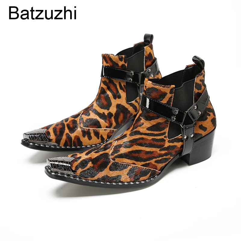 Batzuzhi Fashion Lepord Prind Men's Leather Ankle Boots Pointed Toe Slip on Elegant Men's Shoes Brown Party/Wedding/Runway Shoes