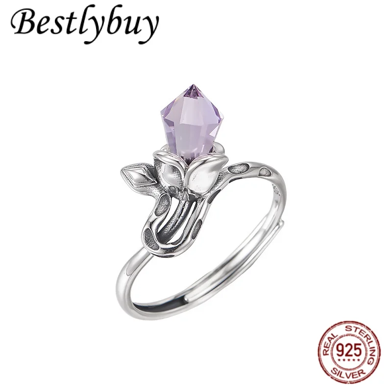 

Fashionable Original Design Natural Amethyst Flower Ring s925 Silver High-end Feeling Temperament Adjustable French Jewelry