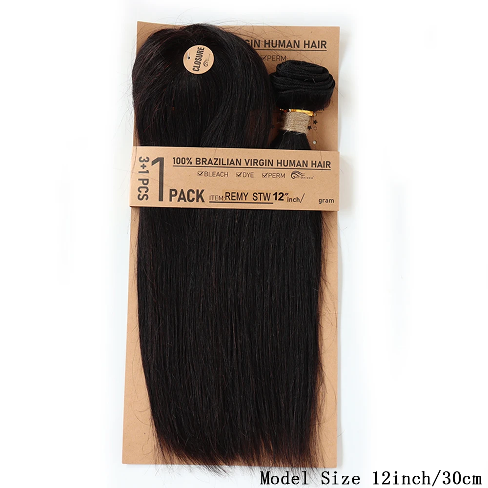 Rambut Manusia Lurus Brasil Dengan Closure 8-12 inci, Bundel Lurus Dengan Closure Bundar, 100% Rambut Manusia Remy