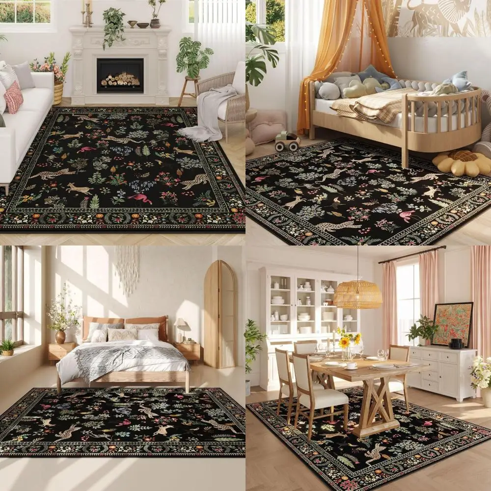 

6x9 Bohemian Floral and Animal Print Rug, Machine Washable, Non-Slip, Vintage Style, Low Pile for Living Room and Bedroom
