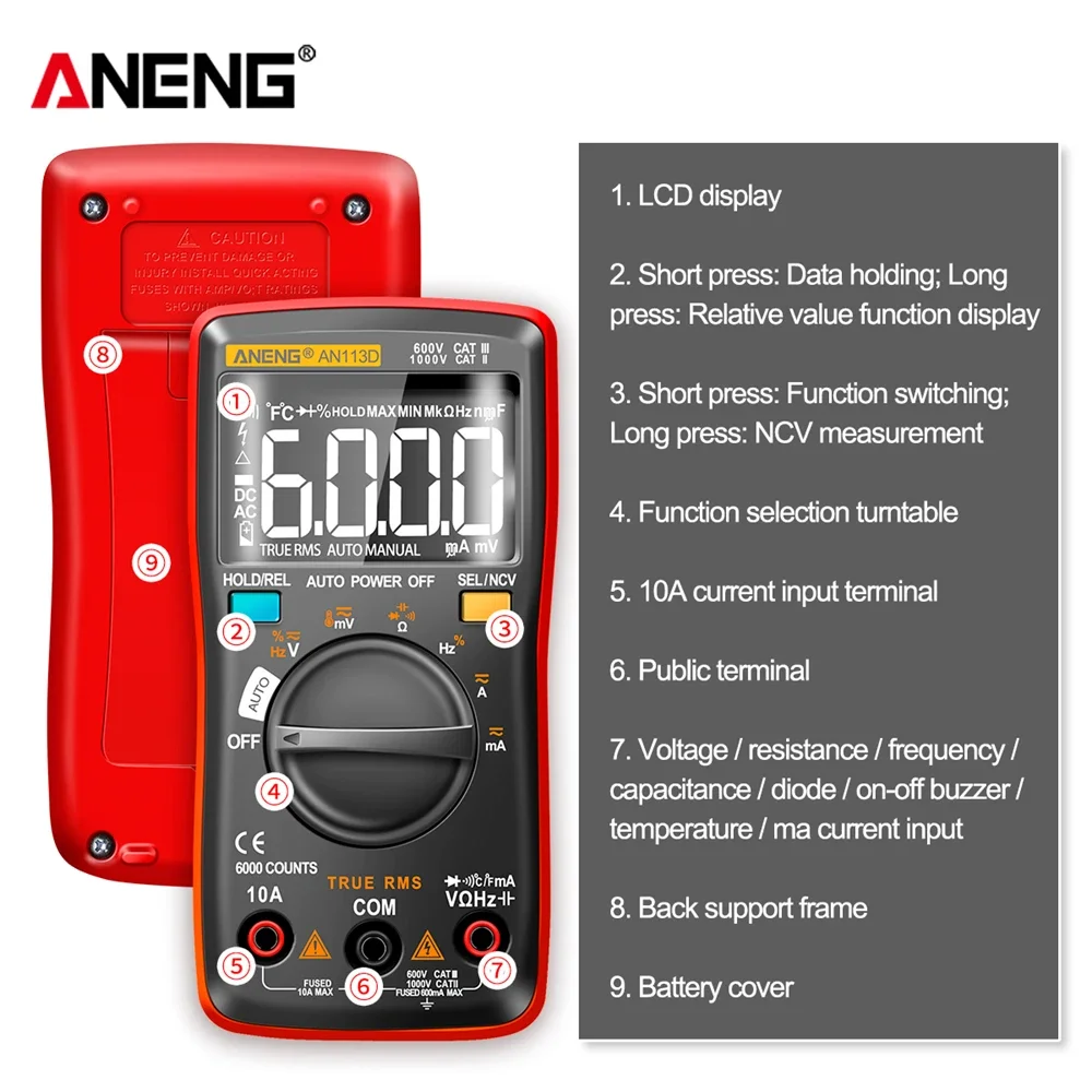 ANENG AN113D Digital Professional Multimeter 6000 Counts True RMS AC/DC current Voltage temperature Electrical Detector Tester