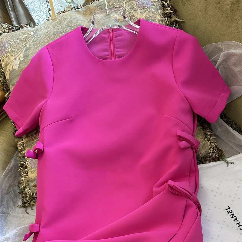 French Sweet Side Bow Sweet Elegant Slim Rose Pink Short Sleeve Dress 2023 Early Spring Brand Runway New Dresses