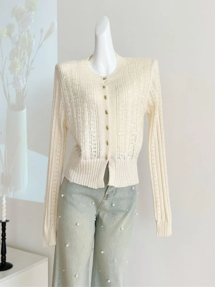 Women O-Neck Long Sleeve Knitted Sweater Fashion New Sequins Design Mohair Tops Autumn French Elegance Single Breasted Cardigan