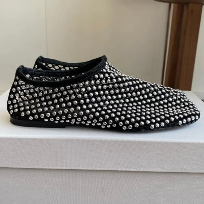 

String Beadings Shoes for Lady Round Toes Flat Heels Sewing Lines Female Shallow Womens Solid Chassure Femme Mesh Zapatos Mujer