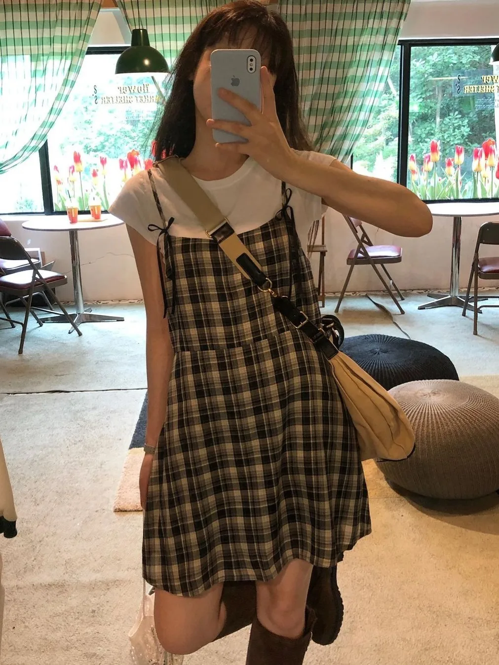 Chique verão vintage reduzindo a idade gola quadrada gravata borboleta cintura alta emagrecimento alça xadrez dr feminino dr doce sle