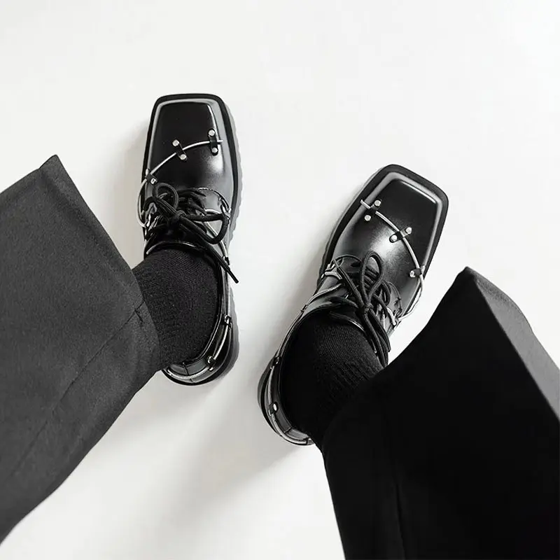 Square Toe Platform Black Derby Shoes Women/men 2024 New Autumn Winter Fashion Lace-Up Wedges Thick-Soled Height-Enhancing Shoes