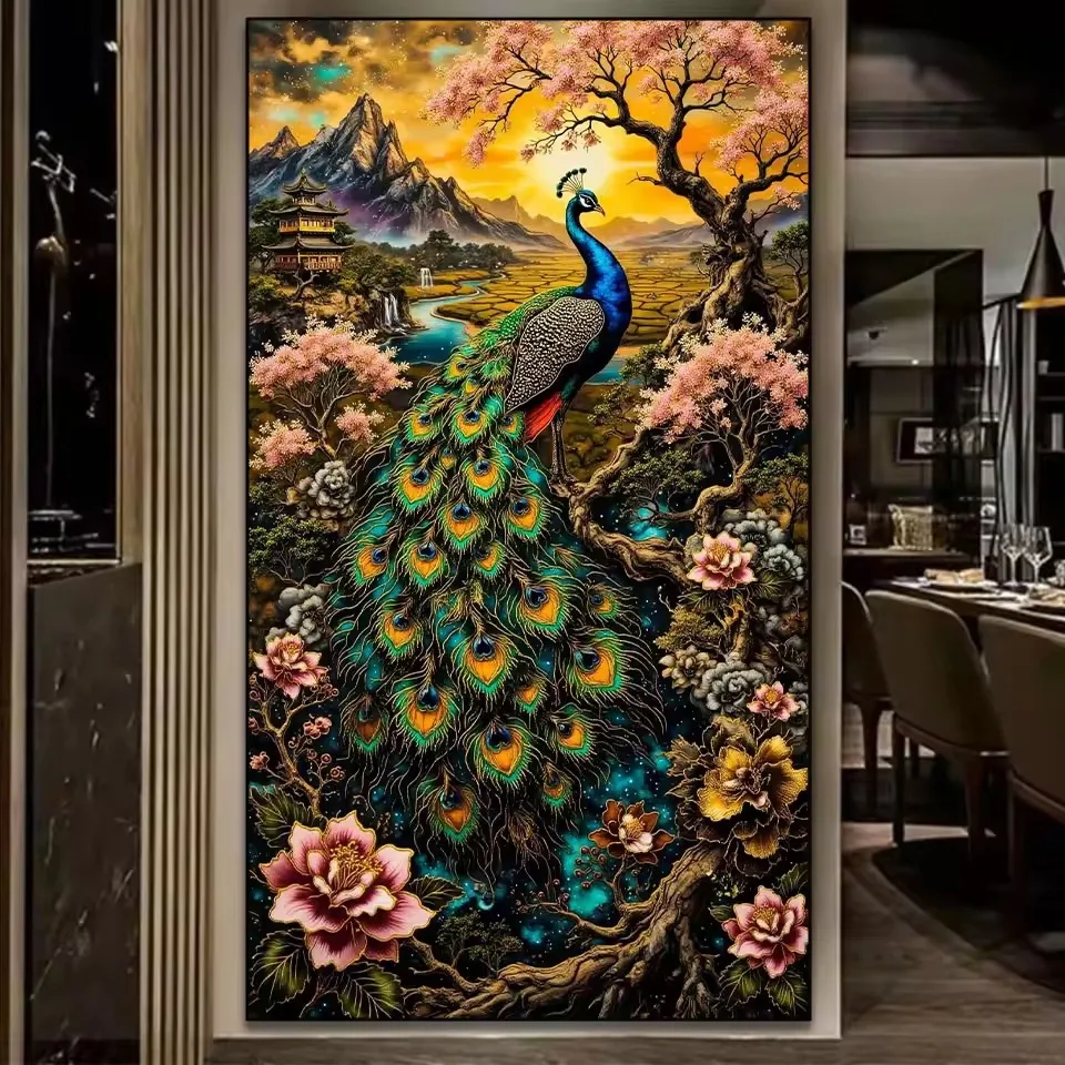 

Алмазная мозаика для взрослых: Красивый пейзаж с павлинами, цветами и деревьями. Алмазная вышивка большого размера 5D DIY, полный набор для вышивания.