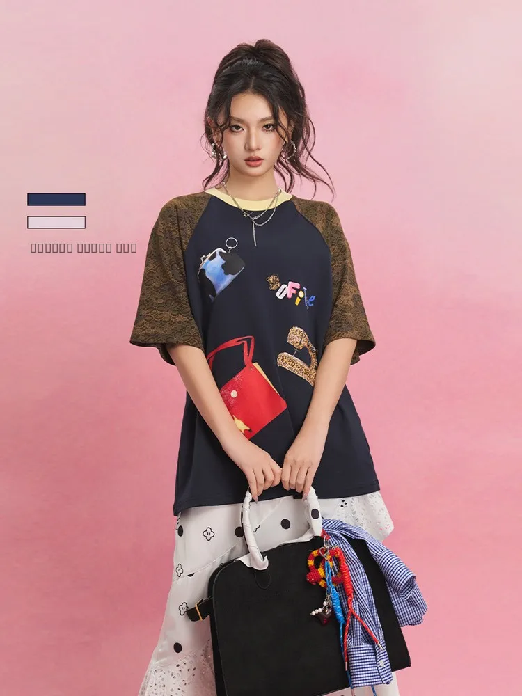 

Футболка SOFITTE с кружевным камуфляжным принтом, повседневная, свободного кроя, из чистого хлопка, с круглым вырезом