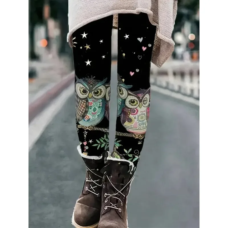 Damskie 1XL-5XL Plus Size Casual Owl Print Legginsy Skinny Leg Design Super rozciągliwy materiał Casual Daily Wear Designed Legginsy