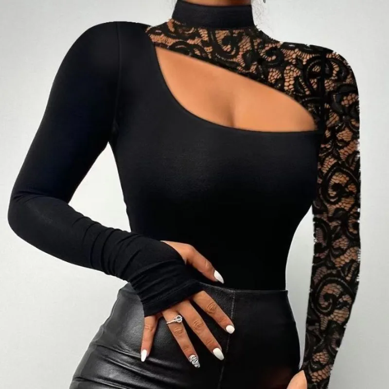 

Woman Lace Irregular Long Sleeve T-shirt New Autumn & Winter Female Hollow Out Design Half High Collar Sexy Top