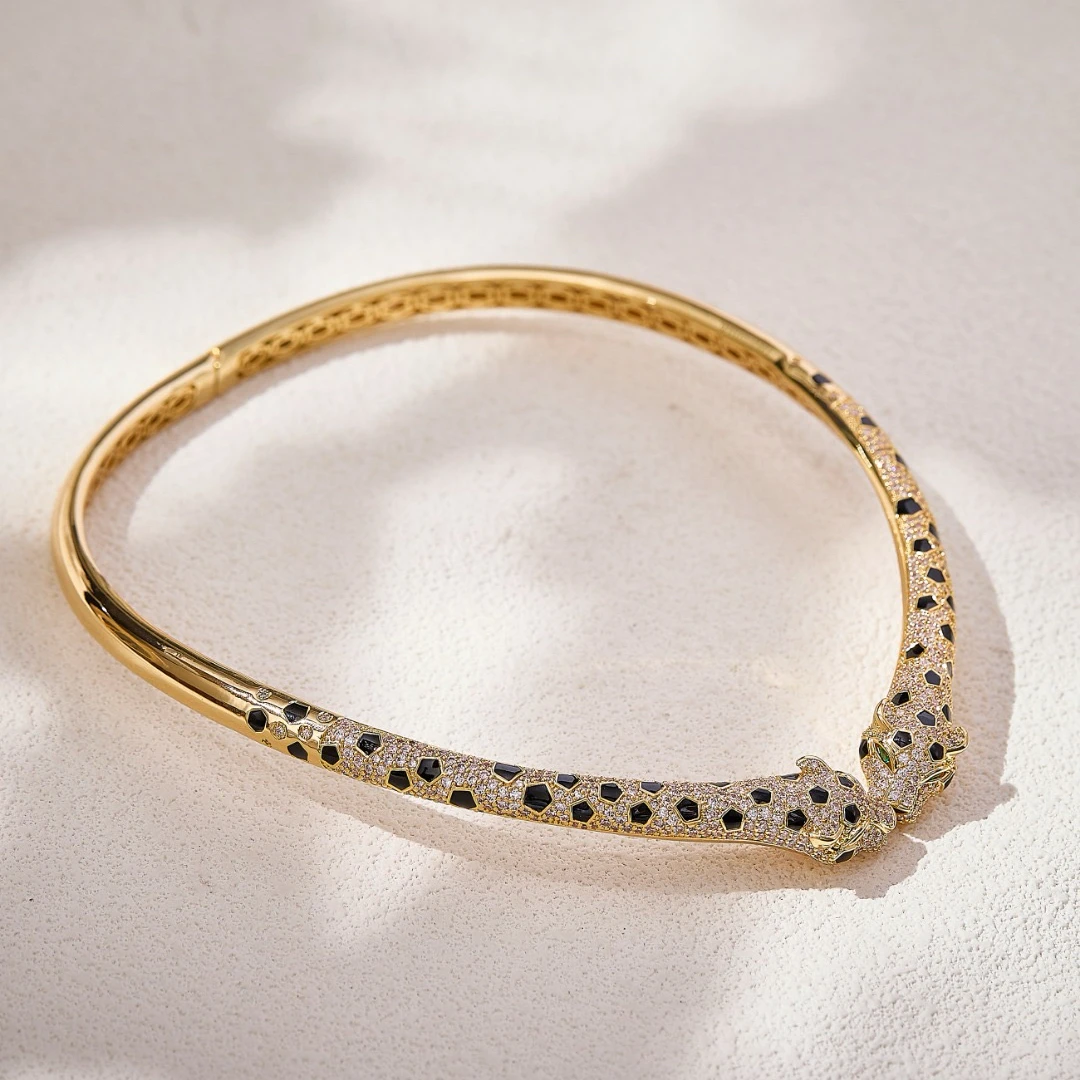 Eyer Luxury Fashion Jewelry Inlay AAA Cubic Zirconia Two-headed Leopard Necklace Bangle Jewelry Set For Women Wedding Party Gift