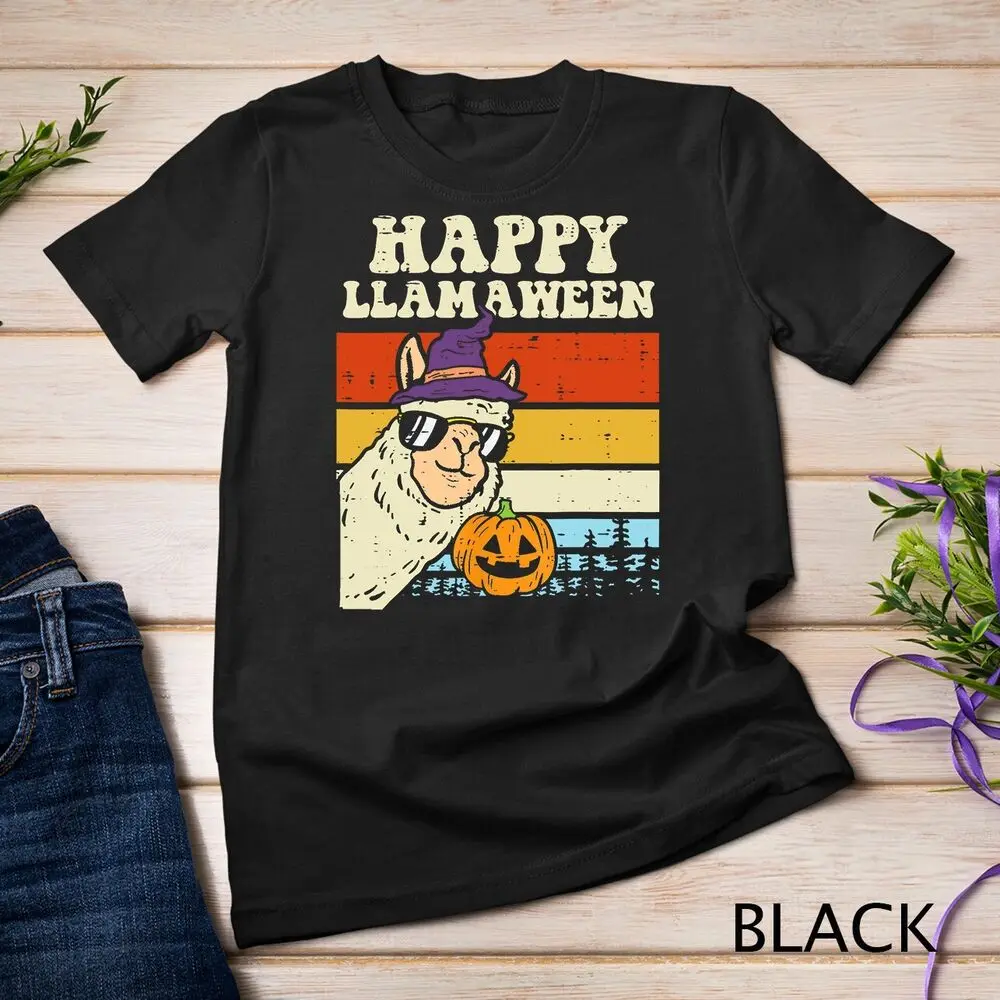 Happy Llamaween Llama Witch Retro Halloween Alpaca Animal Woman T-shirt Man Classic Nostalgia Printed Short-sleev Unique Tops