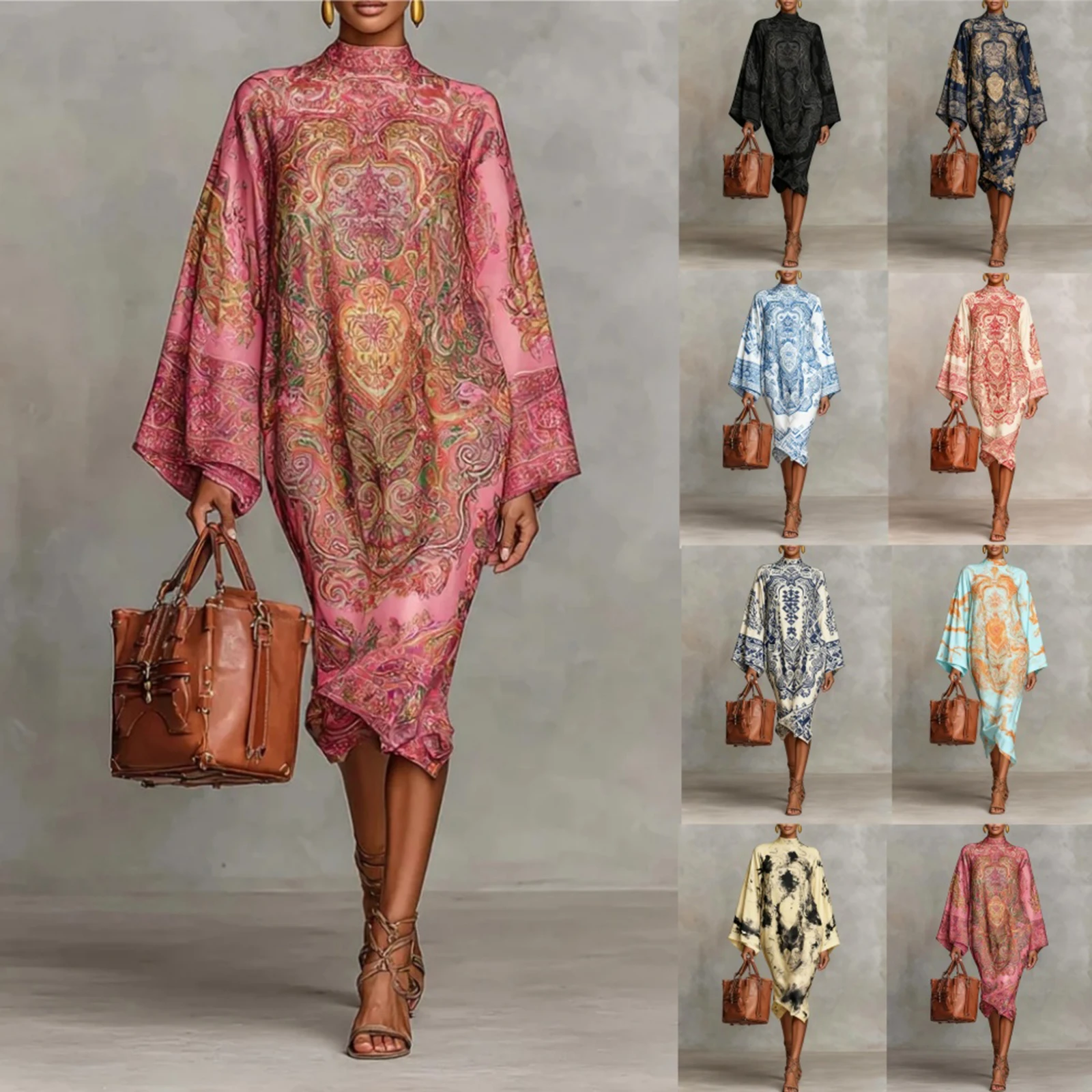 เดรสยาวทรงหลวมสำหรับฤดูใบไม้ผลิและฤดูร้อน แขนยาว พิมพ์ลาย คอกลม สไตล์โบฮีเมียน เหมาะสำหรับงานปาร์ตี้ริมชายหาด แฟชั่นเดรสยาวสำหรับผู้หญิง