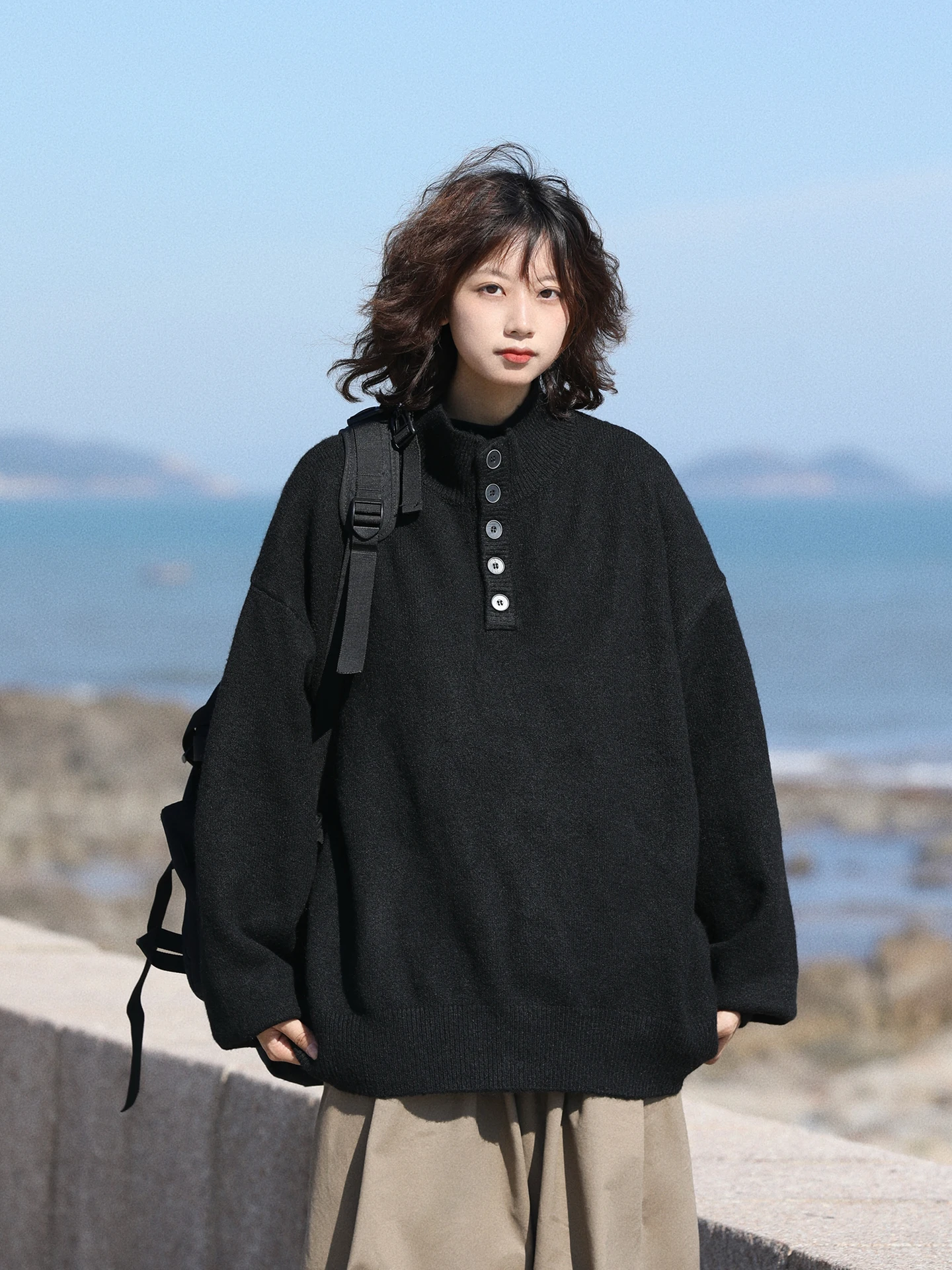 

Casual Japanese Sle Color Henry Collar Knitted Sweater ex Autumn Winter Leisure Versatile Lazy Overhead Knitwear ...