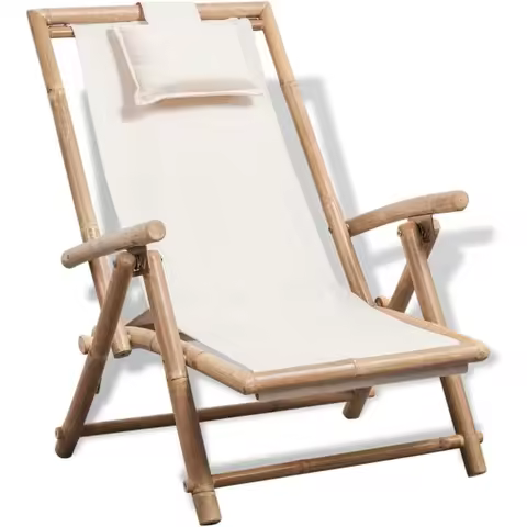 Outdoor Deck Chair Bamboo,Bamboo and Canvas Deck Chair: WeatherResistant, Adjustable, and Comfortable, 1, White