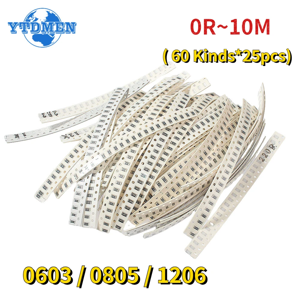 

1500 шт. SMD пленочный резистор 0R ~ 10M точность 1% 0603 0805 1206 SMD Чип резисторы DIY ассорти набор 60 видов * 25 шт. комплект сопротивления