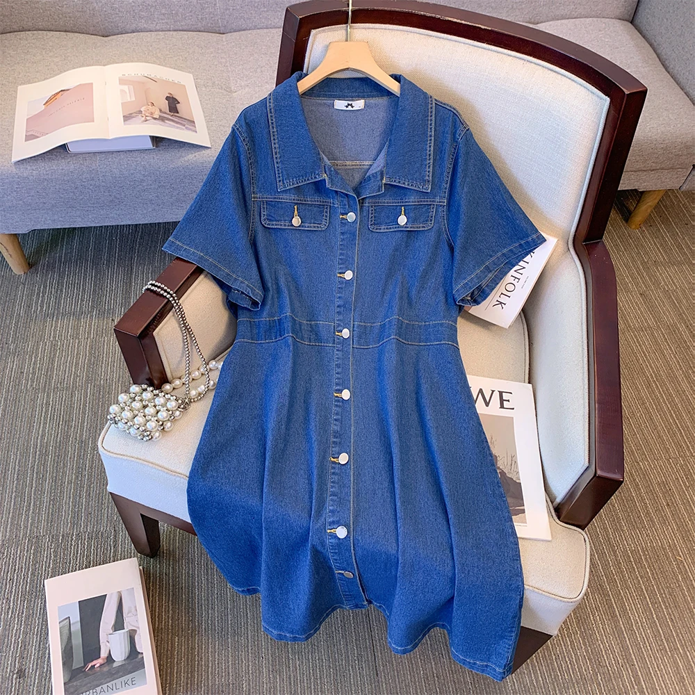 Summer plus-size women's pure color simple denim dress polo collar single-breasted short-sleeved mid-length dress 2025 new large