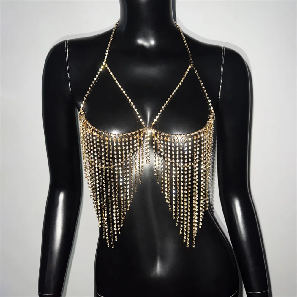 Shiny Rhinestone Fringe Halter Vest Women Sexy Hollow See Through Backless Y2K Streetwear Party Club Rave Festival Top Accessory
