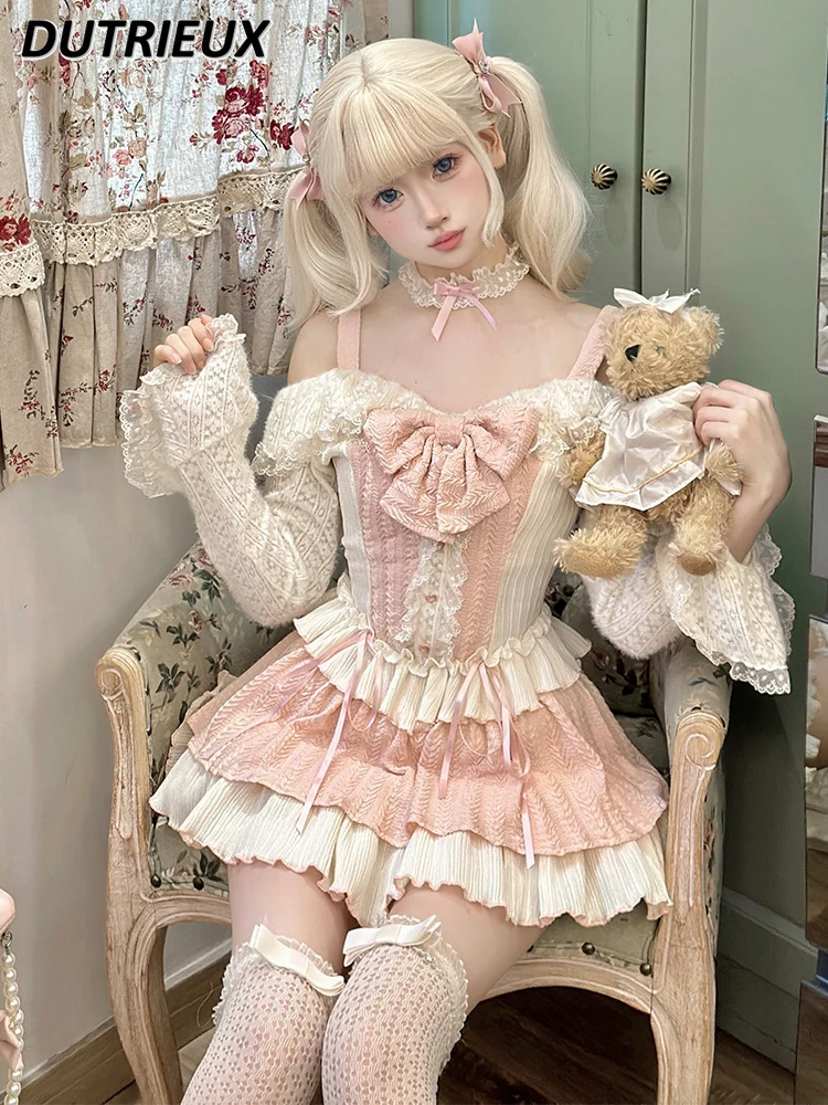 Spring Autumn Women's Two Piece Sets Lolita Style Long Sleeve Top and Skirt Set Sweet Cute Hot Girl Princess Elegant Outfit