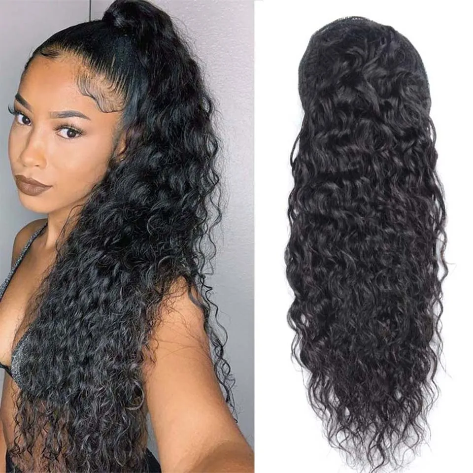 100-150g Water Wave Drawstring Ponytail Human Hair Extensions Brazilian Natural Hairpiece With Clip Ins Wavy Remy Pony Tail