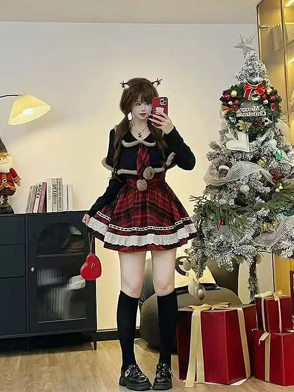

Модный комплект в стиле Kawaii College: пышный плащ и клетчатая юбка для женщин, весенняя коллекция, стройнящий силуэт