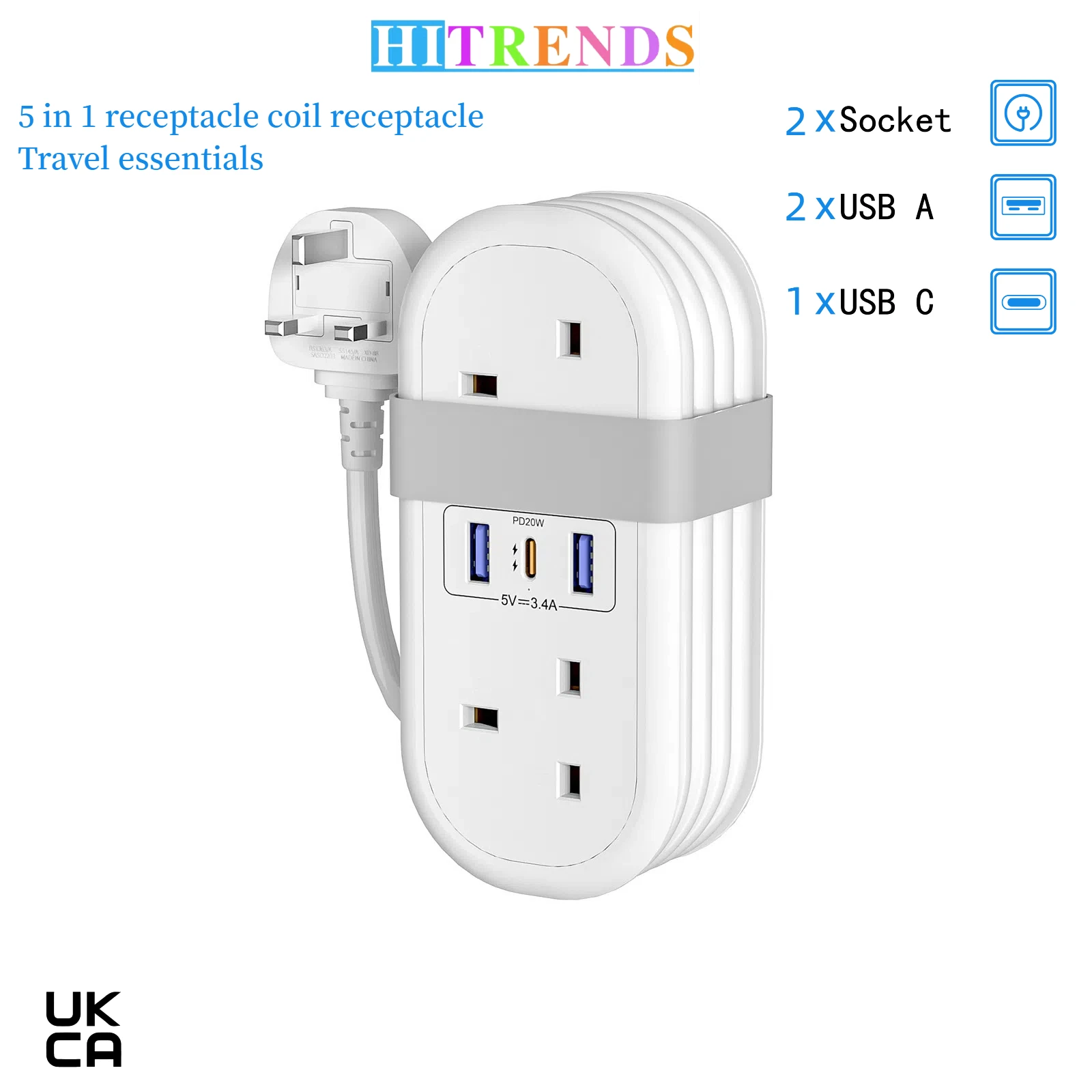 

Розетка 5 в 1, британская розетка с катушкой, 2 портами USB-A и 2 портами USB-C. Удлинительный кабель PD20W 1,4 м. Необходимо для белых путешествий.