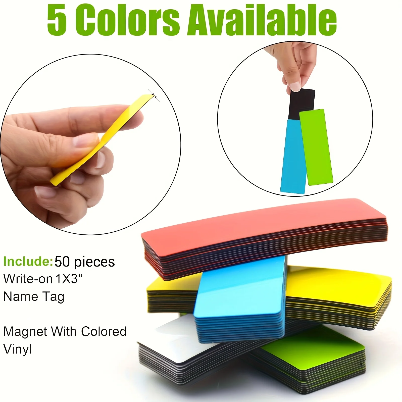 50 Pieces 1.2"x3.2" Magnetic Labels, Waterproof Strips for Fridge Home Office Garage Refrigerator Blank Writable Cards Colored