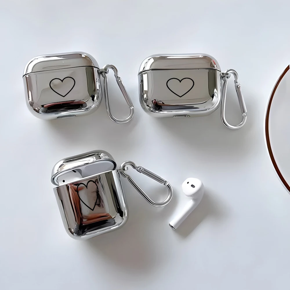 Line Heart Print Electroplated Silver Earphone Case For AirPods 4/3/2/1 Earbuds Case For AirPods Pro 3/Pro2/Pro Protective Cover