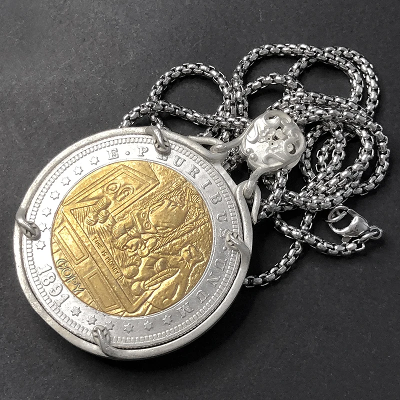 US 1891 Time is money Gold Silver Wanderer Hobo Two tone Coin Pendant necklace bracelet original collect Souvenir Lover\'s Gift