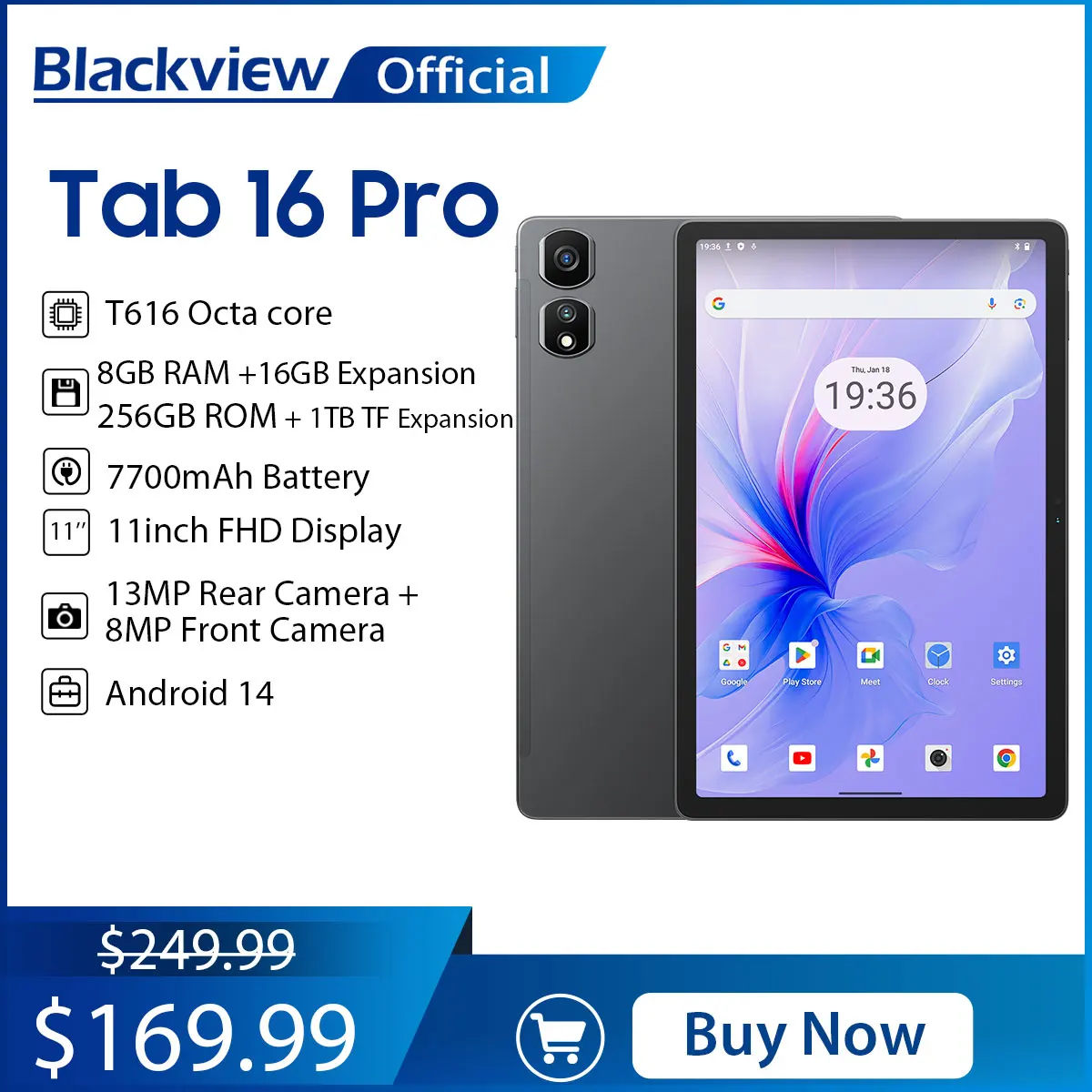 Планшетный ПК Blackview Tab 16 Pro, 11 дюймов, FHD+, дисплей T616, восьмиядерный процессор, 24 ГБ (8 + 16), ОЗУ, 256 ГБ ПЗУ, 7700 мАч, 4G, планшеты, Android 14