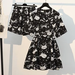 2022 Summer Plus Size 4XL Women Cute Print Sport Suit Long Shirt Top And Short Pant Two Piece Set Dress Outfits Chiffon Clothes