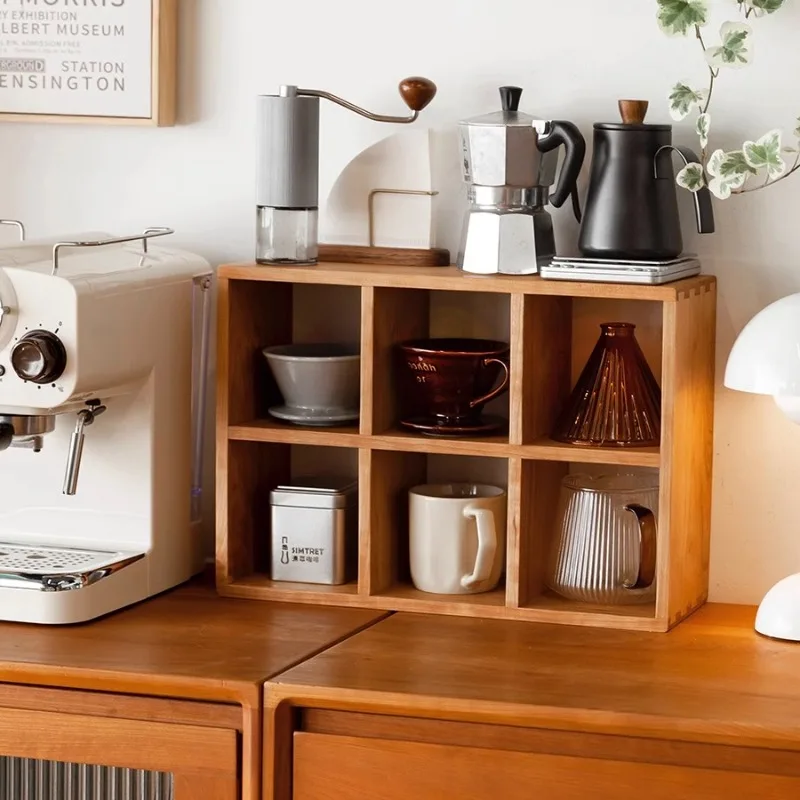 Modern Solid Wood 9-Grid Display Shelf Organizer Minimalist Tea Cup Storage Rack for Living Room Coffee Corner