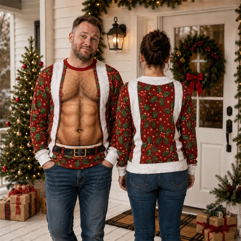 Merry Christmas Fake Muscle Chest 3D Print Christmas Sweatshirt for men funny Graphic Design Unisex Novelty Xmas Party Sweater