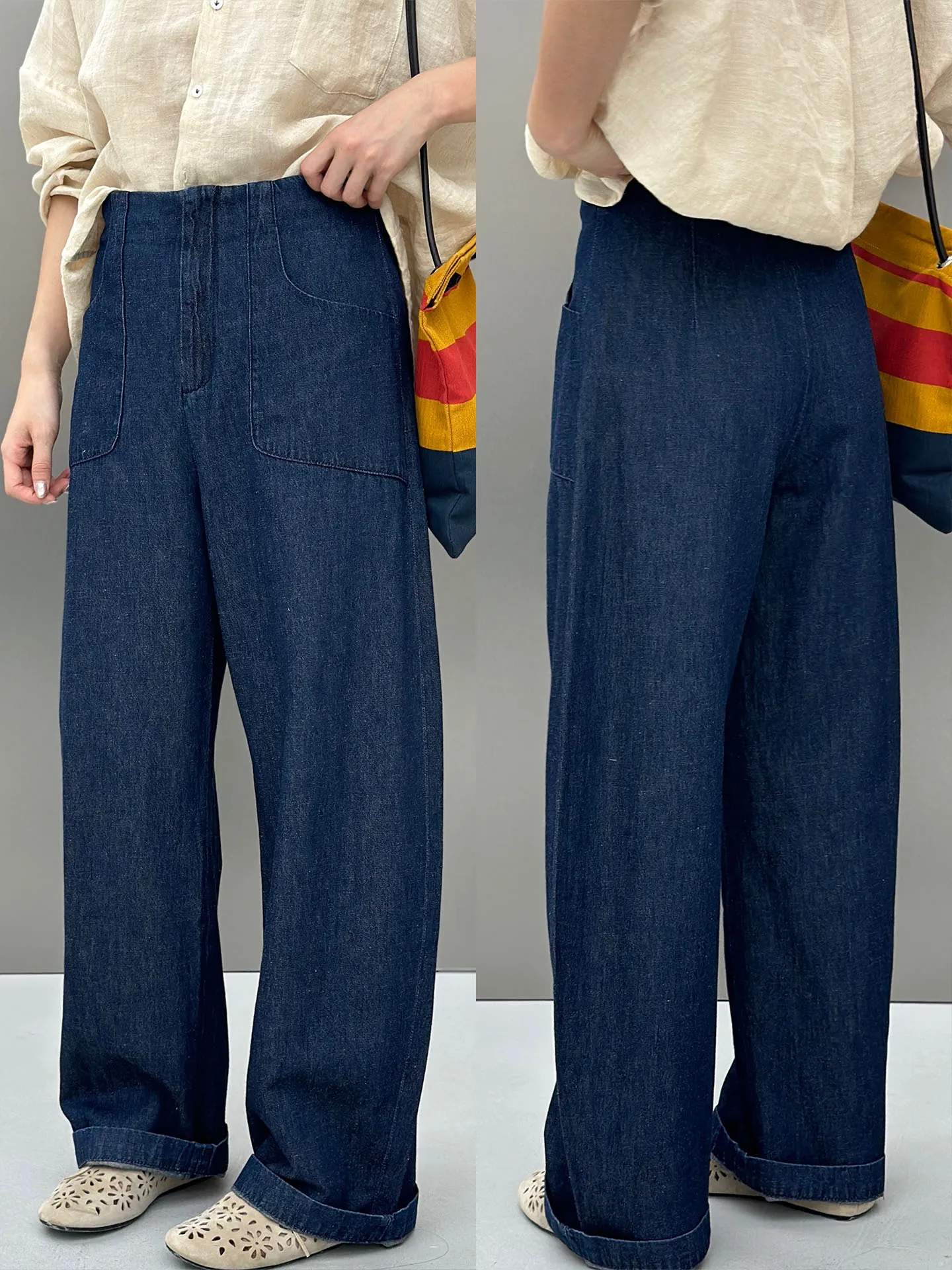 

Wangzaijia Ganshan Series Cotton Linen Blend Vintage Straight Leg Jeans High Waist Elastic Casual Pure Color Spring 2026