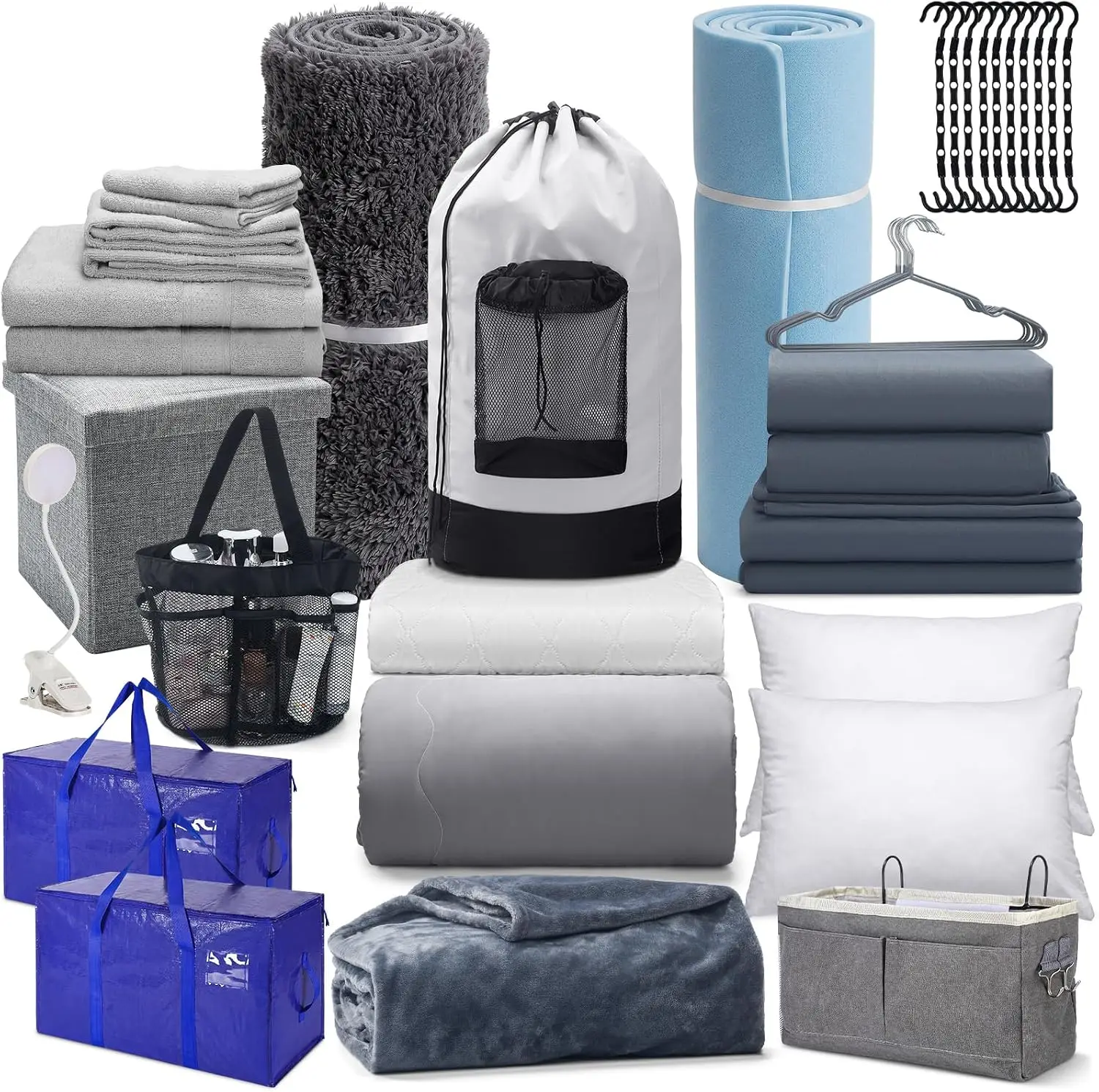 46 Pcs Gray College Dorm Essentials Pack Twin XL Bedding Bundle Memory Foam Mattress Bedding Bathroom and Storage Supplies Total