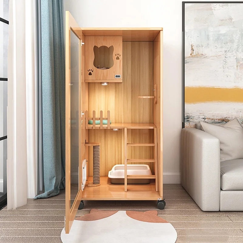 

Luxury Modern Double-Layer Cat Villa Solid Wood Pet House with Animal Pattern Snap Button Closure