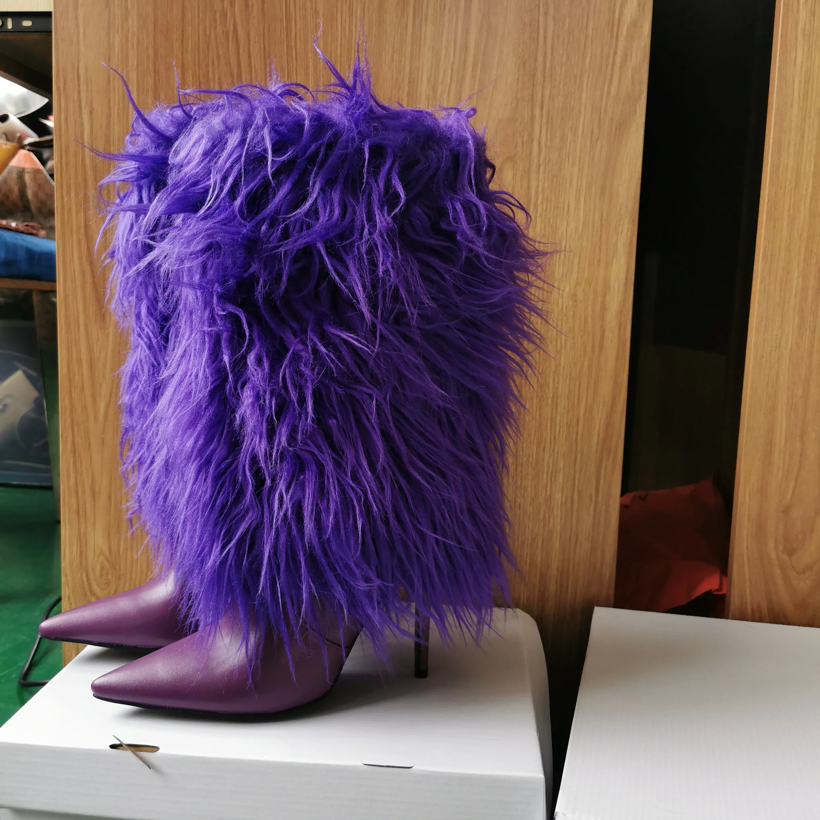 2025 New Fluffy Knee High Women Boots Pointed Toe Thin High Heel Fashion Catwalk Long Boots Black Hair Stage Party Boots