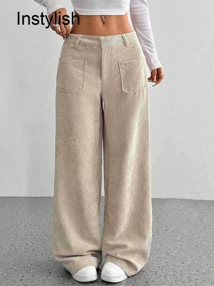 Pantalones anchos de pana para mujer, de cintura alta, con bolsillos grandes, corte holgado y recto, estilo Y2K, ropa informal de calle, pantalones palazzo vintage para mujer.
