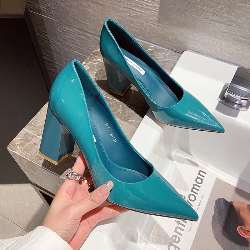 

New Women Shoes Patent Leather Slip-On Chunky Heels High Heels Women Temperament Pointed Toe Shallow Sexy Wedding Shoes Pumps
