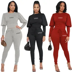 Custom LOGO Fashion Autumn/Winter Lantern Sleeves Sweater Two Piece Set Two Piece Sets Women Outfits  2023