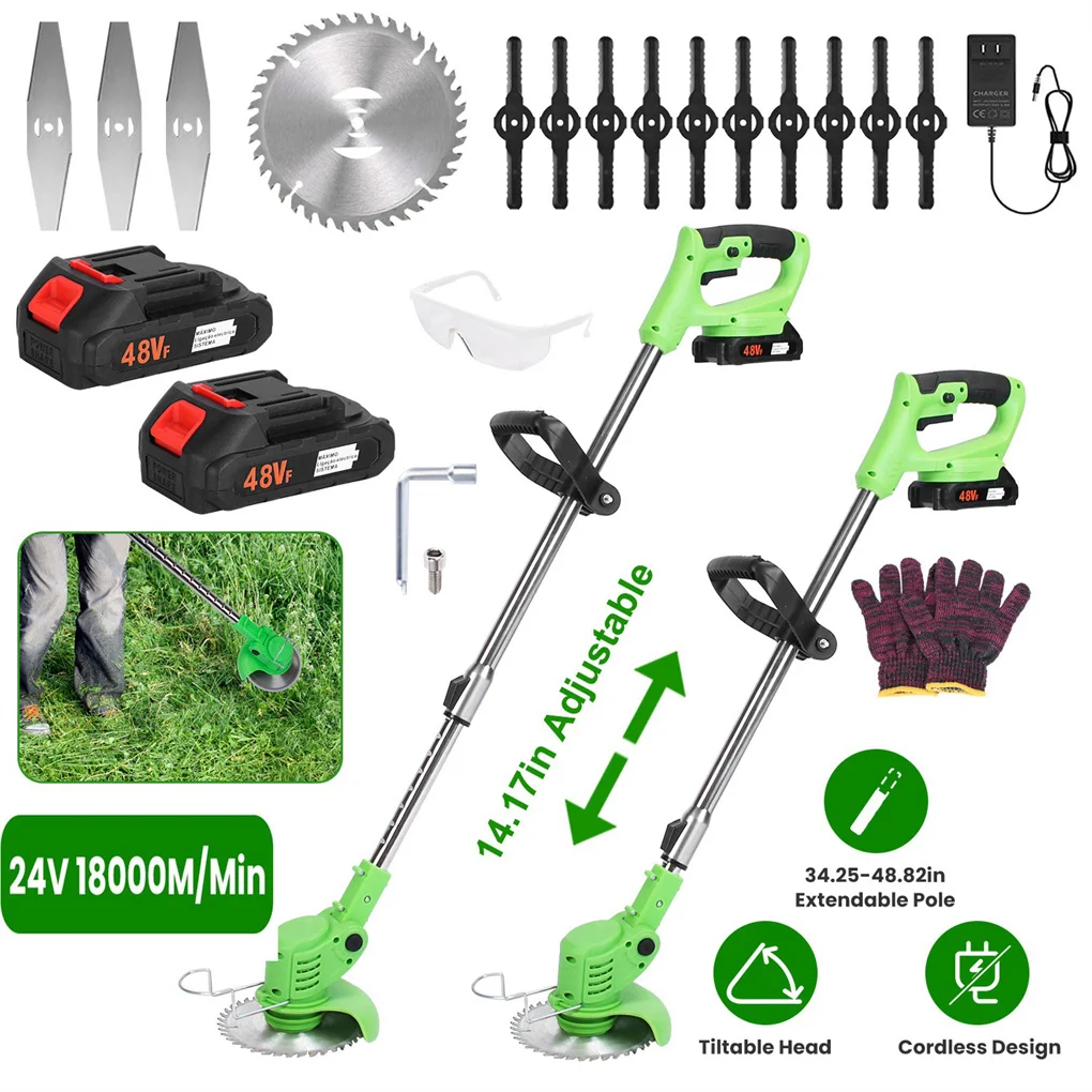 

24V 300W Cordless Grass Trimmer Rechargeable Lawn Mower 18000M/Min Weed Cutter with Saw Blade 2 Stainless Steel Blades