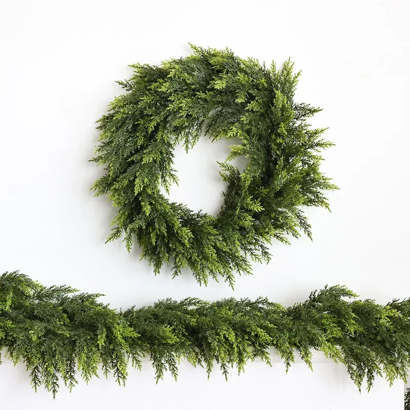 for Christmas Wreath PE Rattan Simulation Pine Cypress Front Door Ornament Fireplace Holiday Decoration