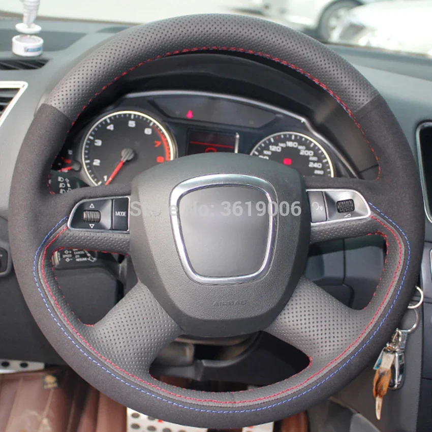 

DIY Steering Wheel Cover Wrap Black Suede Black Leather Hand Sewing For Audi Old A4 B7 B8 A6 C6 2004-2011 Q5 2008-2012 Q7 05-11